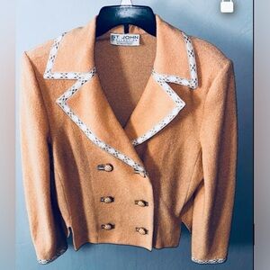 St. John Collection Womens Camel Double-Breasted Blazer and Gold Lace Trim- Sz L